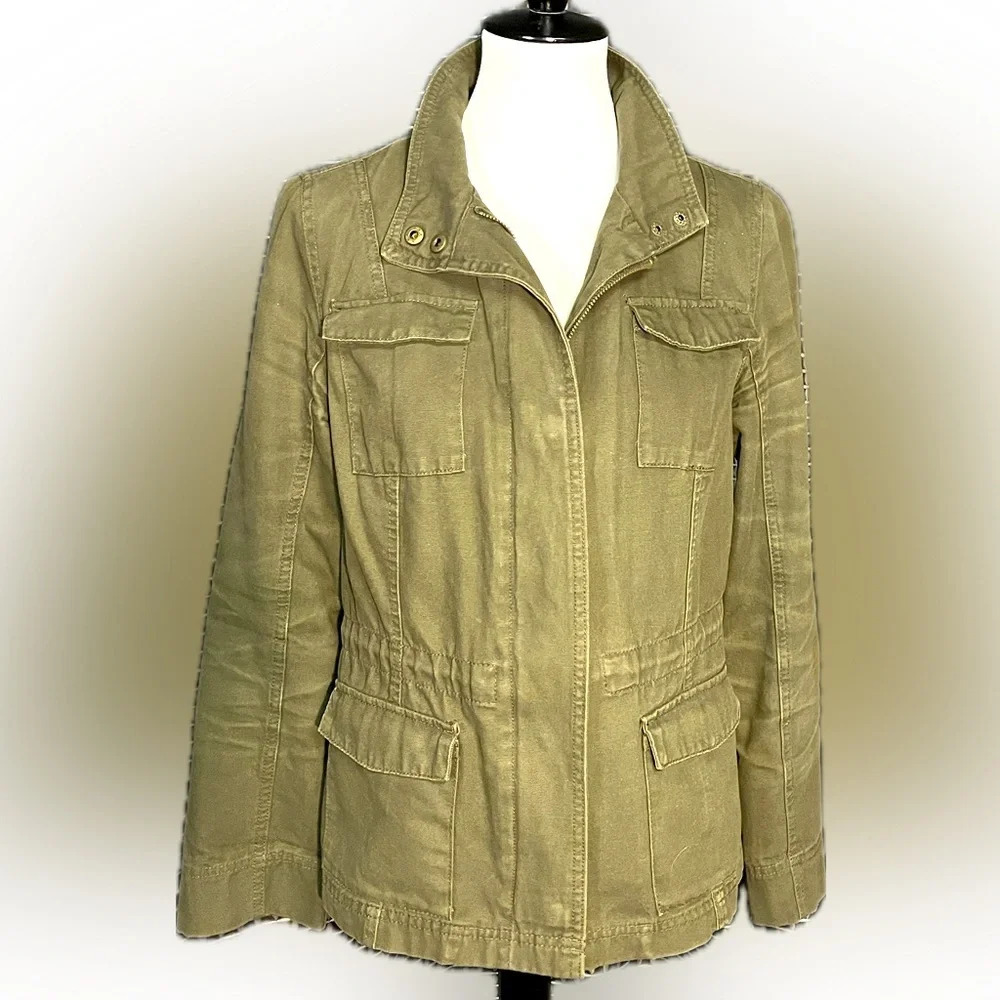 Merona Zip Up Military Style Jacket, Pockets, Distressed Olive Green, Size M